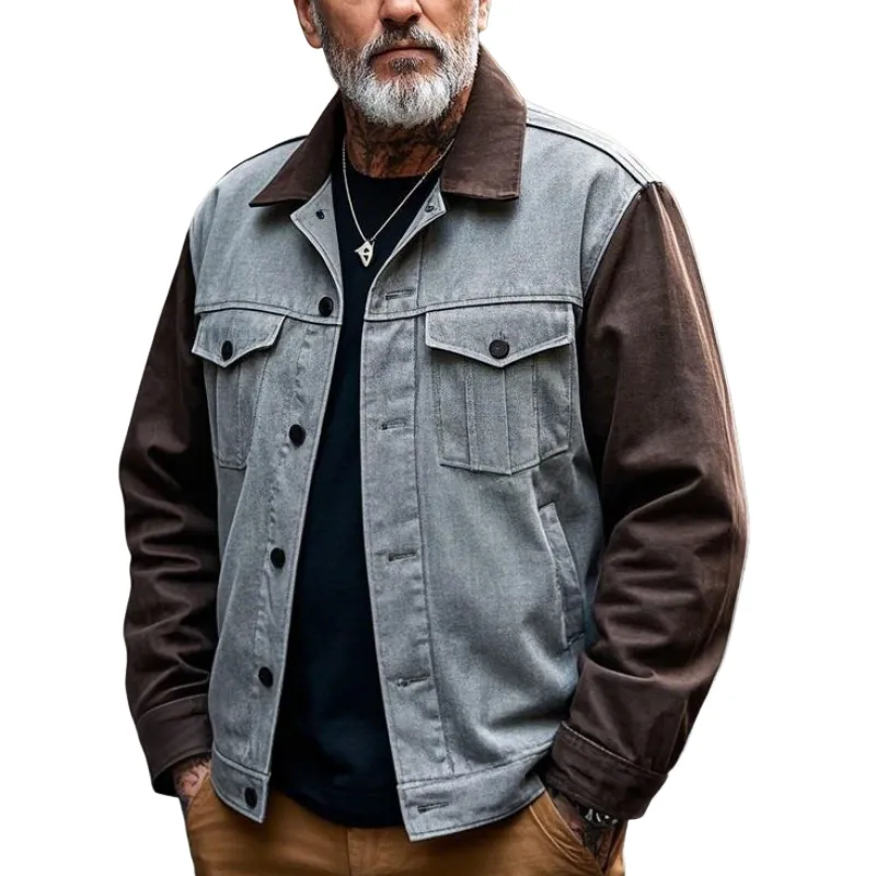 Men's Retro Casual Lapel Patchwork Denim Jacket 18418070F sold by Manly