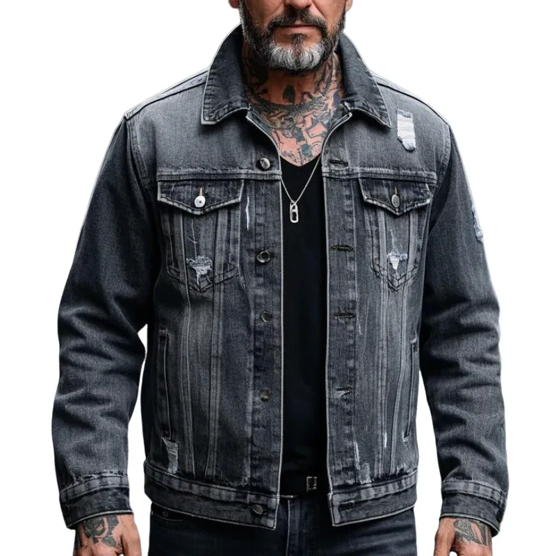Men's Retro Casual Lapel Ripped Denim Jacket 65467394F sold by Manly