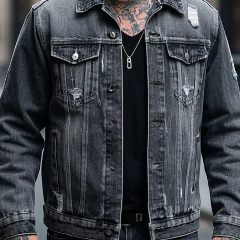 Men's Retro Casual Lapel Ripped Denim Jacket 65467394F sold by Manly product image thumbnail 3