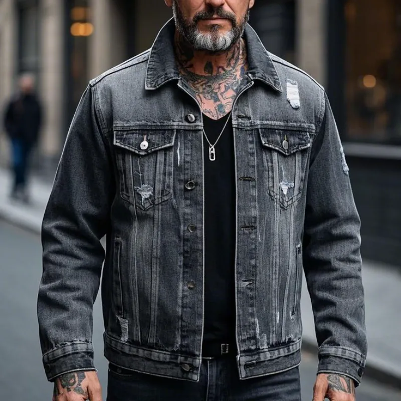 Men's Retro Casual Lapel Ripped Denim Jacket 65467394F sold by Manly product image thumbnail 2