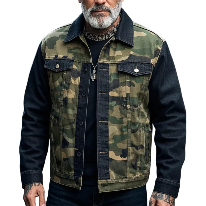 Men's Retro Casual Lapel Camouflage Patchwork Jacket 17664093F sold by Manly