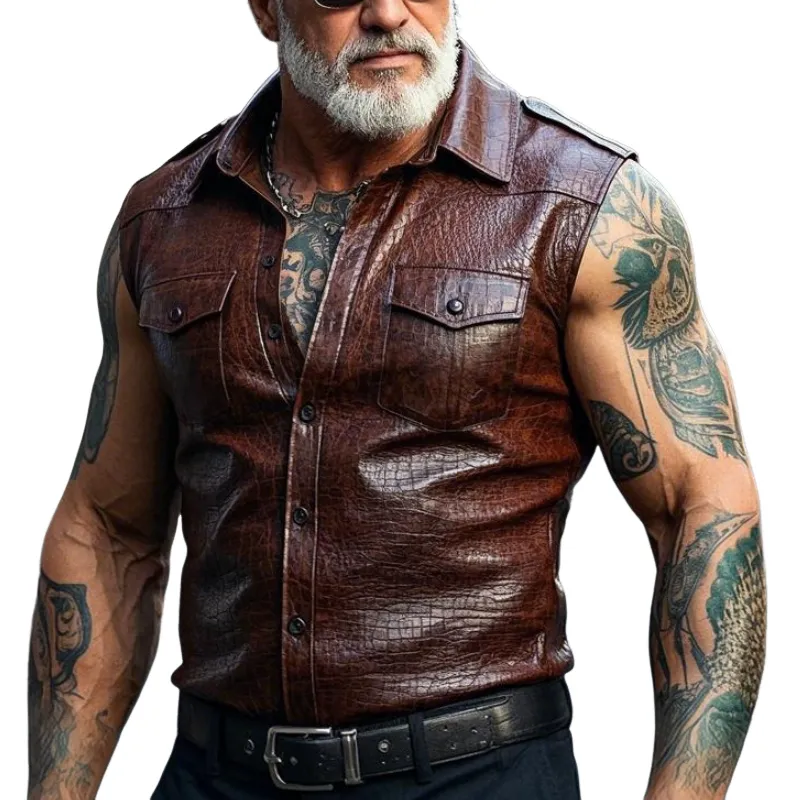 Men's Vintage Casual Lapel Textured Leather Vest 83583667F sold by Manly