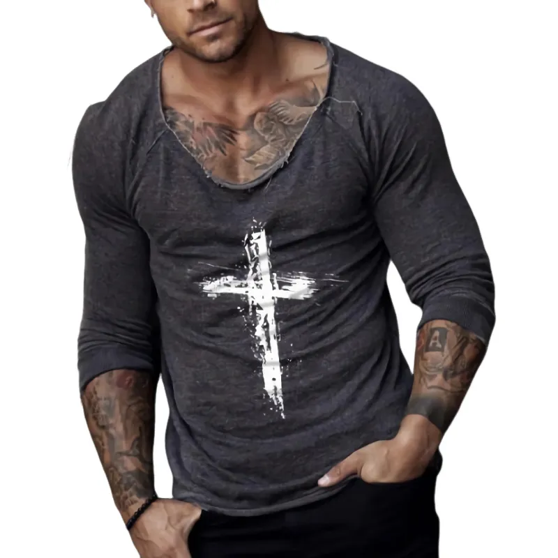 Men's Round Low Neck Blended Printed Long Sleeve T-shirt 62273916U sold by Manly