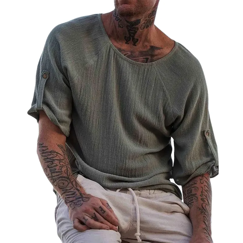 Men's Casual Army Green Ice Silk Wrinkled Short-sleeved T-shirt 09643645U sold by Manly
