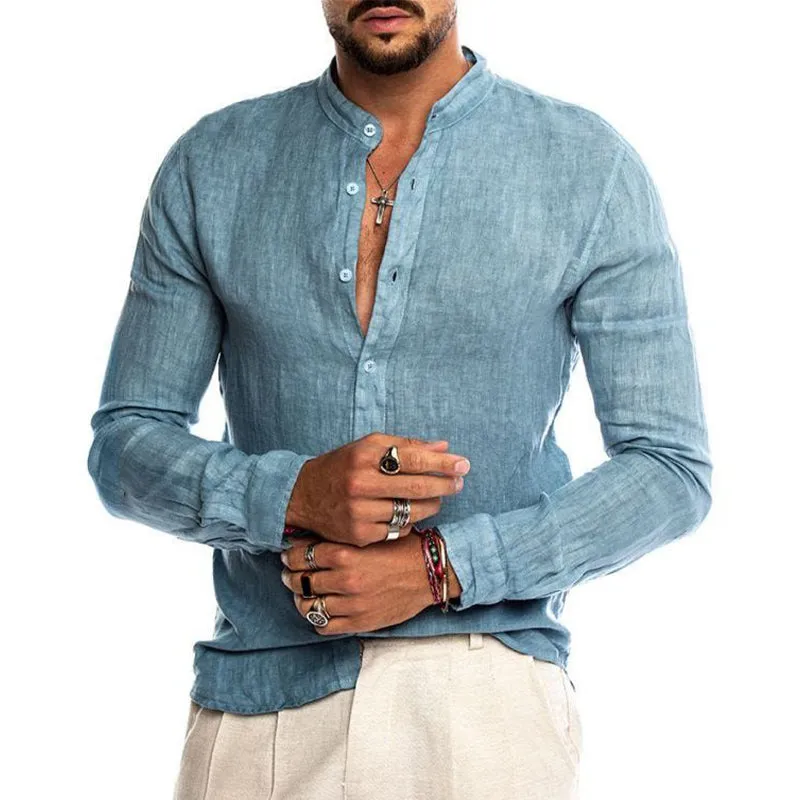 Men's Slim Fit Cotton Linen Round Neck Button Long Sleeve Shirt 20912870U sold by Manly