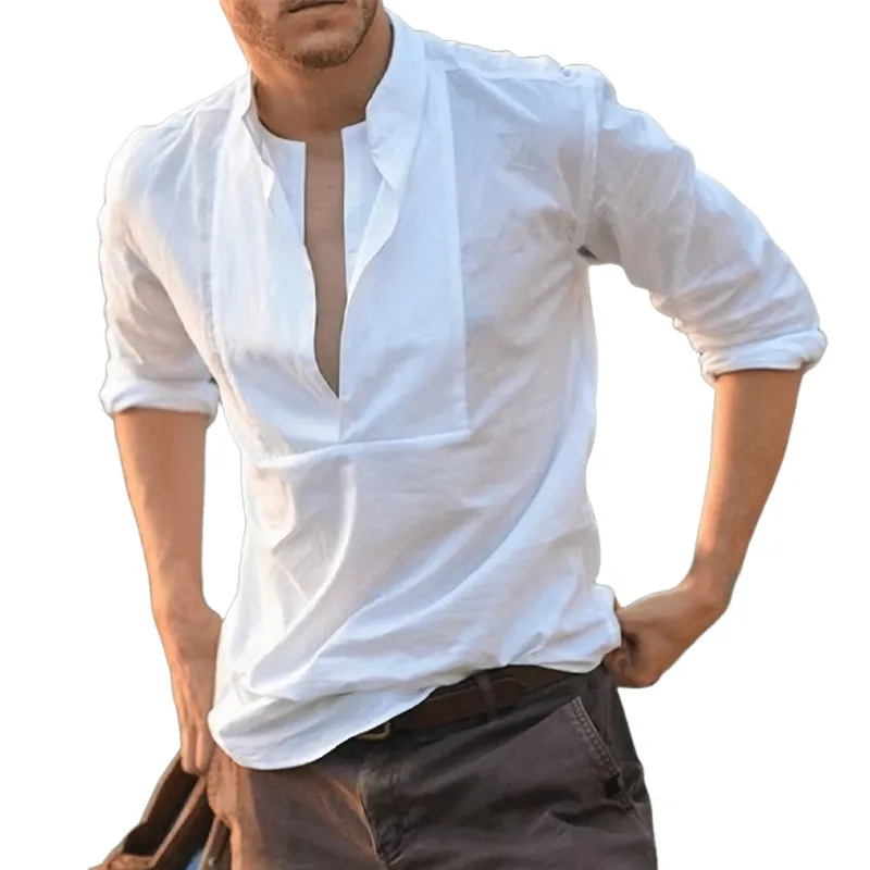 Men's Casual Solid Color Cotton Open Neck Long Sleeve T-Shirt 96045511U sold by Manly