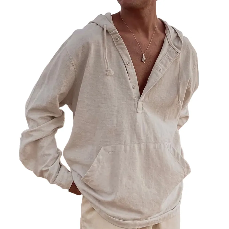 Men's Casual Loose Cotton and Linen Button-down Hoodie 07578834U sold by Manly