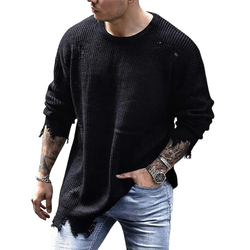 Men's Vintage Black Distressed Crew Neck Sweater 24257699U sold by Manly