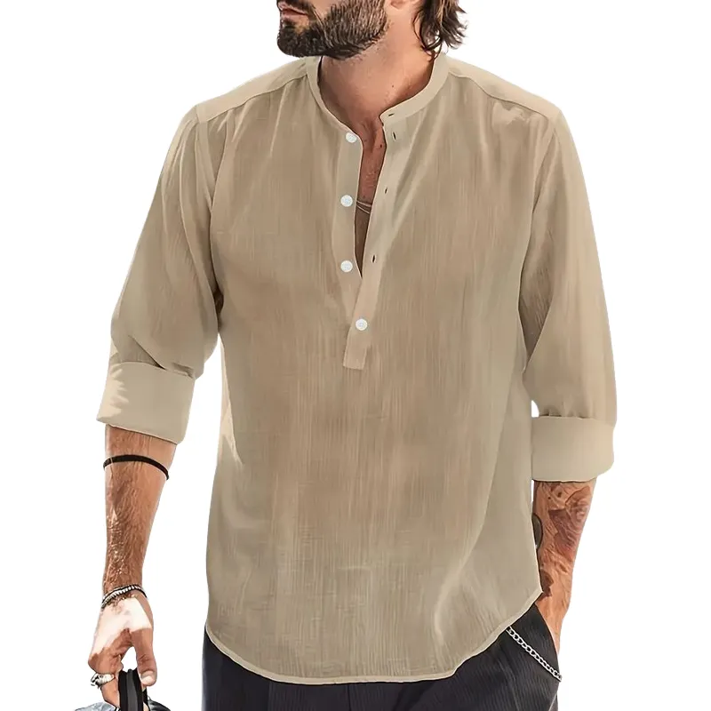 Men's Casual Ice Silk Wrinkled Button Round Neck Long Sleeve T-Shirt 80976249U sold by Manly
