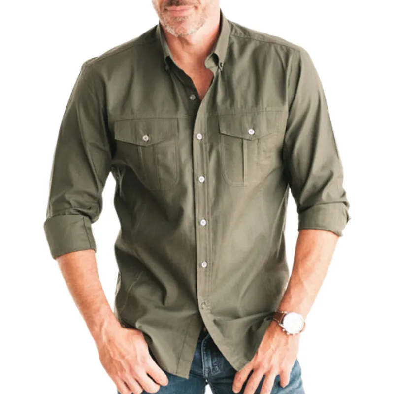 Men's Casual Solid Color Cotton Blended Lapel Long Sleeve Shirt 64087987F sold by Manly product image thumbnail 4