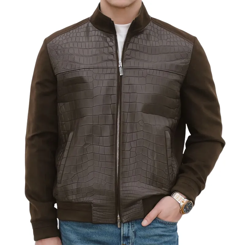 Men's Vintage Stand Collar Crocodile Textured Leather Suede Patchwork Jacket 01253321U sold by Manly