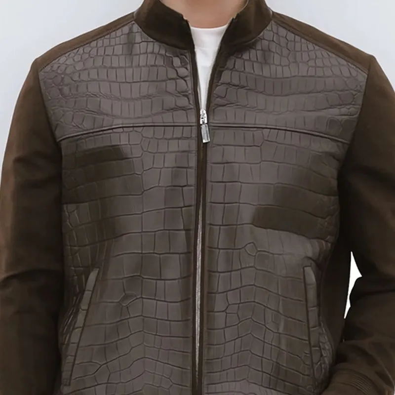 Men's Vintage Stand Collar Crocodile Textured Leather Suede Patchwork Jacket 01253321U sold by Manly product image thumbnail 3