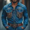 Men's Retro Western Cowboy Embroidery Tassel Denim Long Sleeve Shirt 31891772U sold by Manly