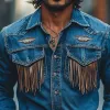 Men's Retro Western Cowboy Embroidery Tassel Denim Long Sleeve Shirt 31891772U sold by Manly