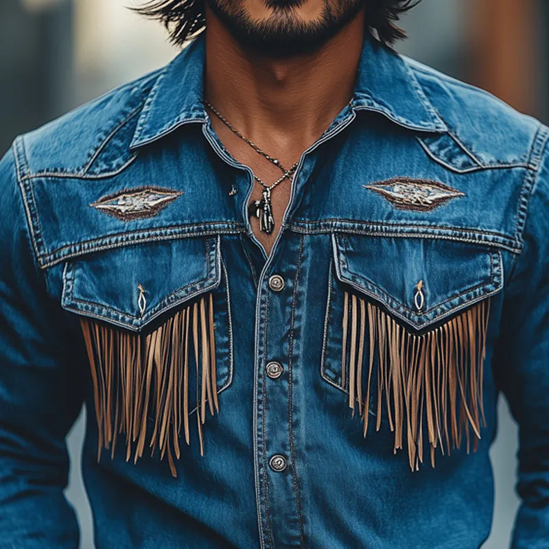 Men's Retro Western Cowboy Embroidery Tassel Denim Long Sleeve Shirt 31891772U sold by Manly product image thumbnail 4