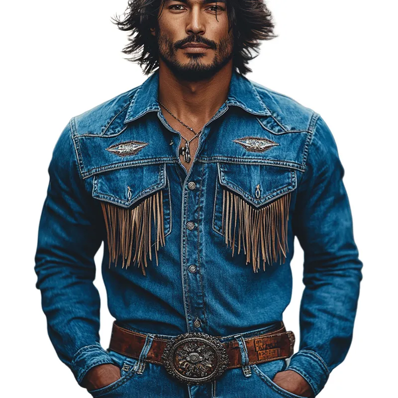 Men's Retro Western Cowboy Embroidery Tassel Denim Long Sleeve Shirt 31891772U sold by Manly