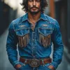 Men's Retro Western Cowboy Embroidery Tassel Denim Long Sleeve Shirt 31891772U sold by Manly