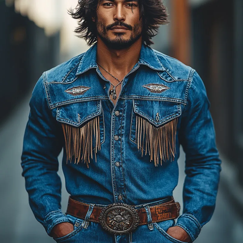 Men's Retro Western Cowboy Embroidery Tassel Denim Long Sleeve Shirt 31891772U sold by Manly product image thumbnail 2