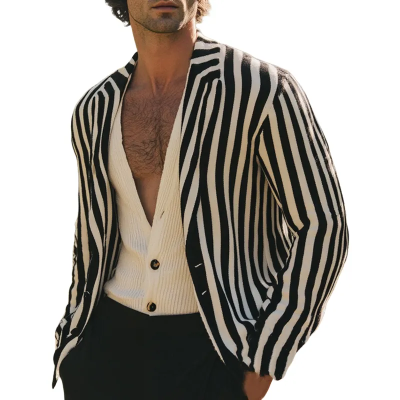 Men's Spring and Autumn Vertical Striped Lapel Knitted Cardigan 92159229U sold by Manly