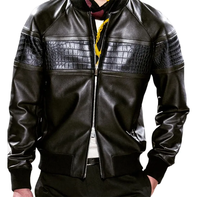 Men's Crocodile Texture Patchwork Leather Jacket 90274419U sold by Manly