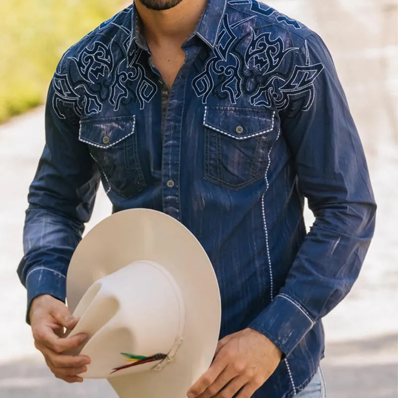 Men's Vintage Western Cowboy Embroidered Denim Long Sleeve Shirt 87746139U sold by Manly product image thumbnail 2