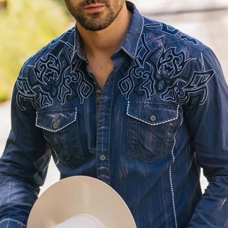 Men's Vintage Western Cowboy Embroidered Denim Long Sleeve Shirt 87746139U sold by Manly product image thumbnail 3