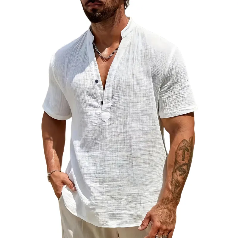 Men's Skin-friendly Cotton and Linen Deep V-neck Short-sleeved T-shirt 29304111U sold by Manly