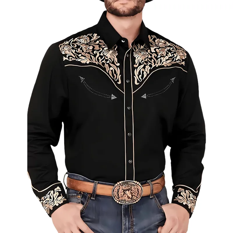Men's Western Cowboy Vintage Embroidery Cotton Long Sleeve Shirt 95603095U sold by Manly