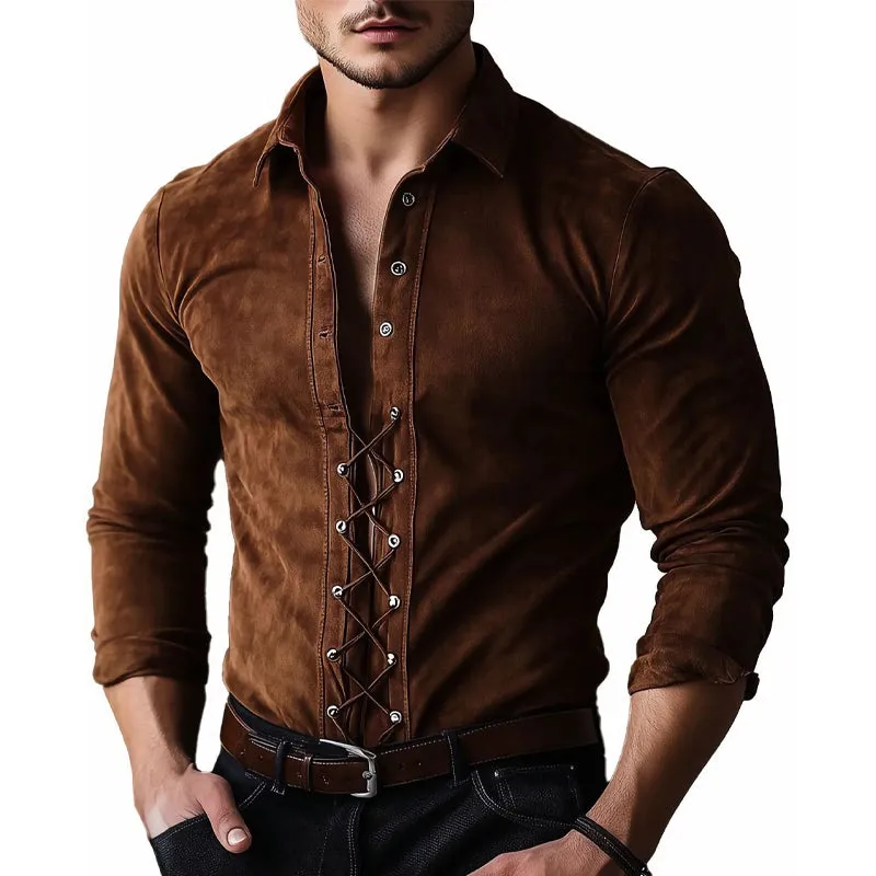 Men's Vintage Suede Lace-Up Slim Fit Long Sleeve Shirt 34232001U sold by Manly