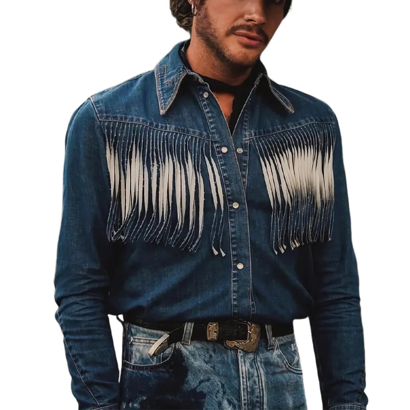 Men's Retro Western Cowboy Tassel Long Sleeve Shirt 09765266U sold by Manly