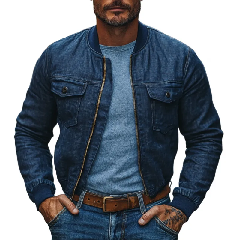 Men's Casual Stand Collar Linen Zipper Loose Bomber Jacket 93904307M sold by Manly