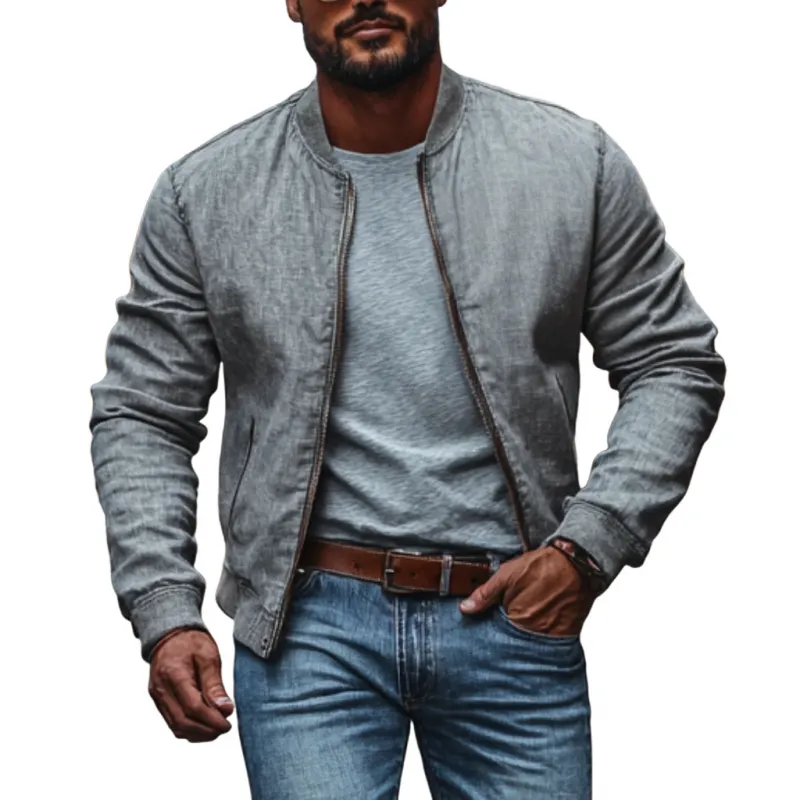 Men's Casual Stand Collar Linen Zipper Loose Bomber Jacket 45385805M sold by Manly