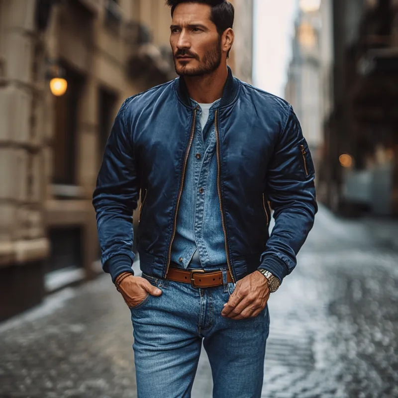 Men's Casual Satin Stand Collar Loose Zip-up Bomber Jacket 81549796M sold by Manly product image thumbnail 3