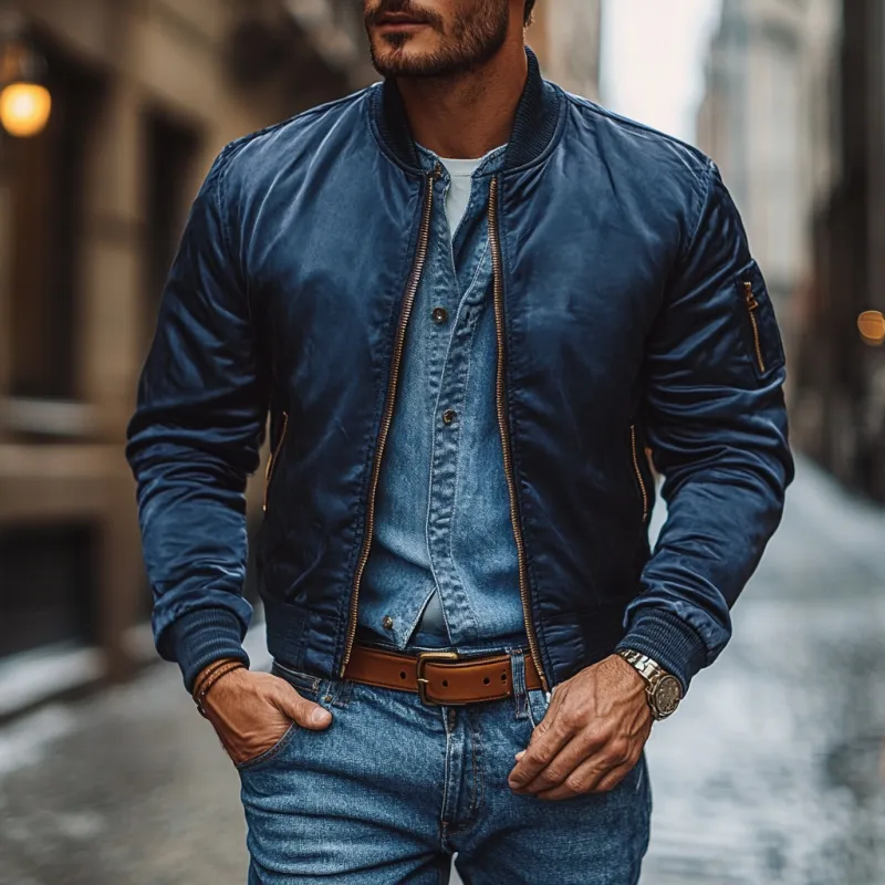 Men's Casual Satin Stand Collar Loose Zip-up Bomber Jacket 81549796M sold by Manly product image thumbnail 2