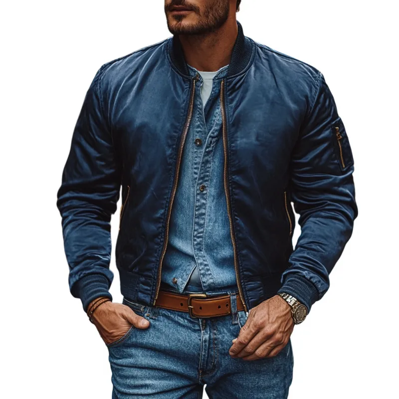Men's Casual Satin Stand Collar Loose Zip-up Bomber Jacket 81549796M sold by Manly