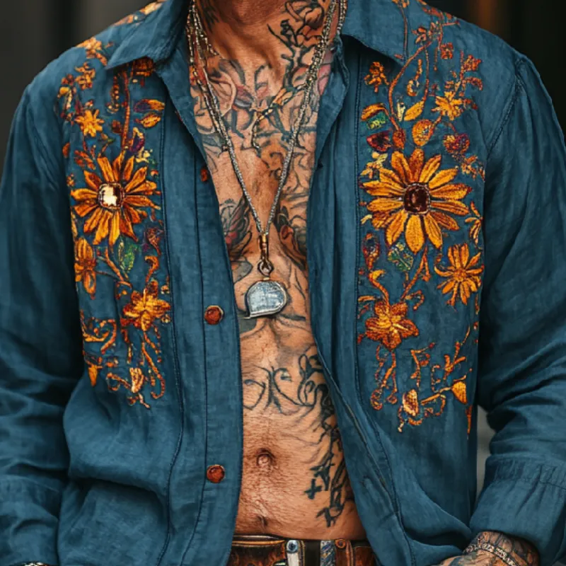 Men's Vintage Casual Lapel Cotton Blend Embroidered Long Sleeve Shirt 55393471F sold by Manly product image thumbnail 3