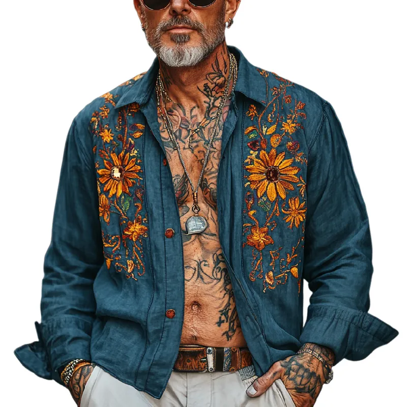 Men's Vintage Casual Lapel Cotton Blend Embroidered Long Sleeve Shirt 55393471F sold by Manly