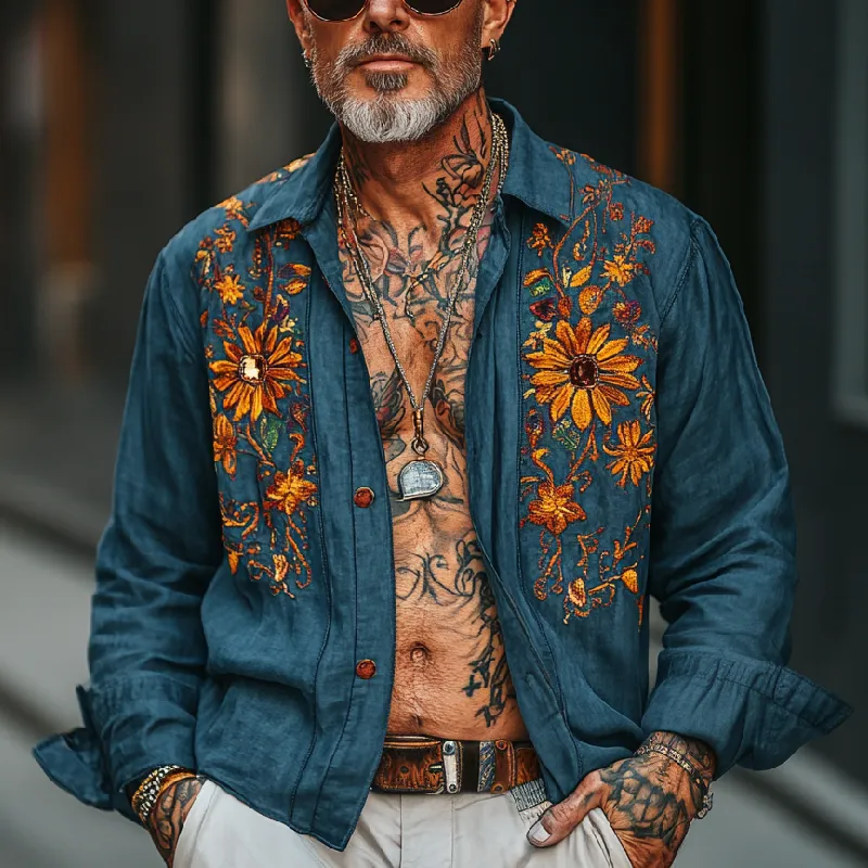 Men's Vintage Casual Lapel Cotton Blend Embroidered Long Sleeve Shirt 55393471F sold by Manly product image thumbnail 2