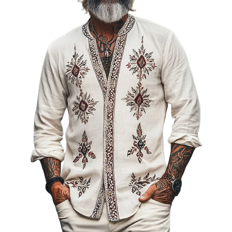 Men's Vintage Casual Round Neck Cotton Blend Embroidered Long Sleeve Shirt 45614812F sold by Manly
