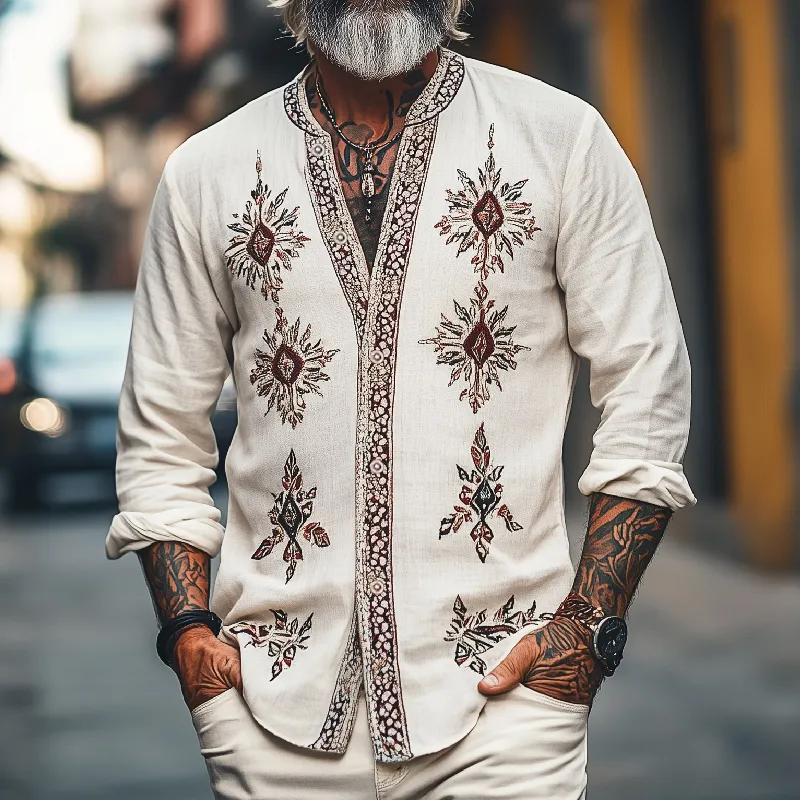 Men's Vintage Casual Round Neck Cotton Blend Embroidered Long Sleeve Shirt 45614812F sold by Manly product image thumbnail 2