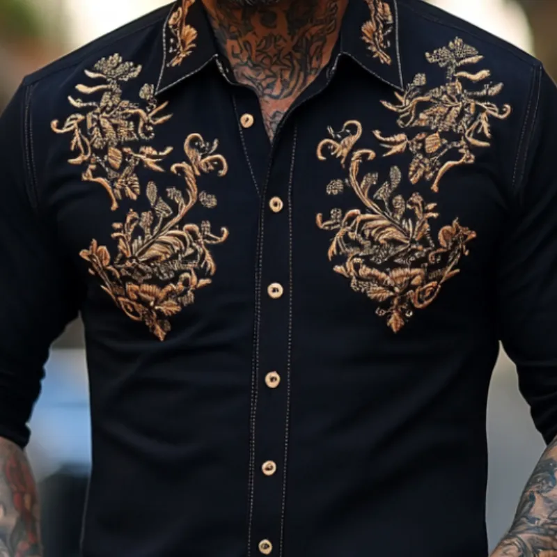 Men's Casual Vintage Lapel Cotton Blend Embroidered Long Sleeve Shirt 14173299F sold by Manly product image thumbnail 3