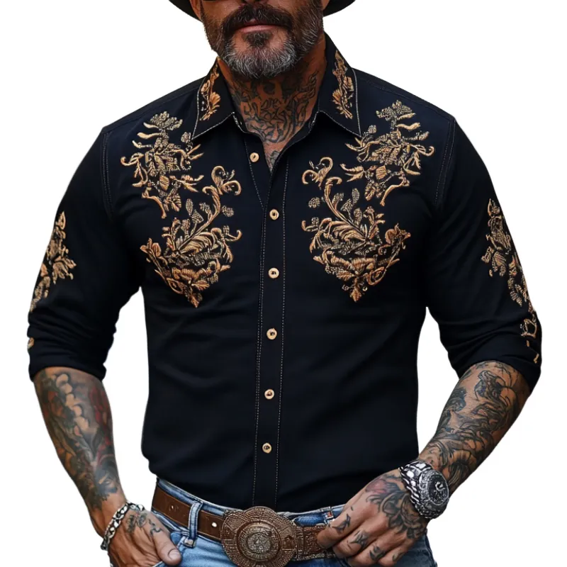 Men's Casual Vintage Lapel Cotton Blend Embroidered Long Sleeve Shirt 14173299F sold by Manly