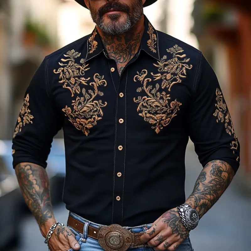 Men's Casual Vintage Lapel Cotton Blend Embroidered Long Sleeve Shirt 14173299F sold by Manly product image thumbnail 2