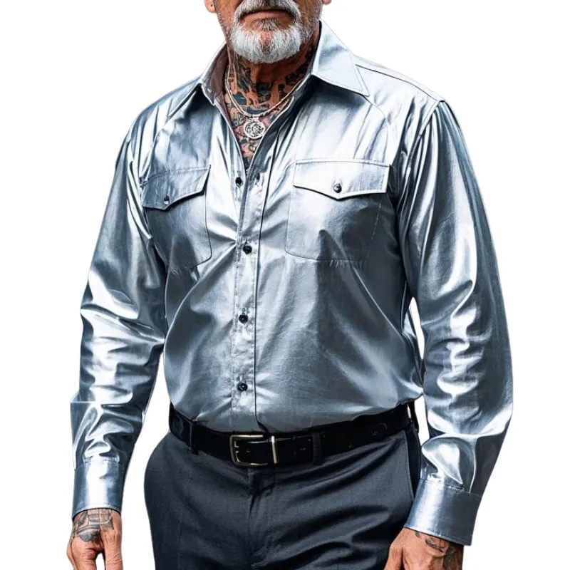 Men's Casual Fashion Lapel Silver Long Sleeve Leather Shirt 80599223F sold by Manly