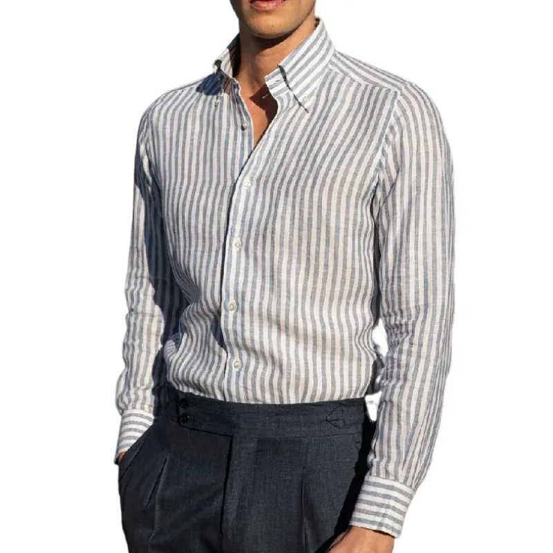 Men's Casual Striped Cotton and Linen Lapel Long Sleeve Shirt 09800587F sold by Manly