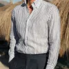 Men's Casual Striped Cotton and Linen Lapel Long Sleeve Shirt 09800587F sold by Manly