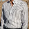 Men's Casual Striped Cotton and Linen Lapel Long Sleeve Shirt 09800587F sold by Manly