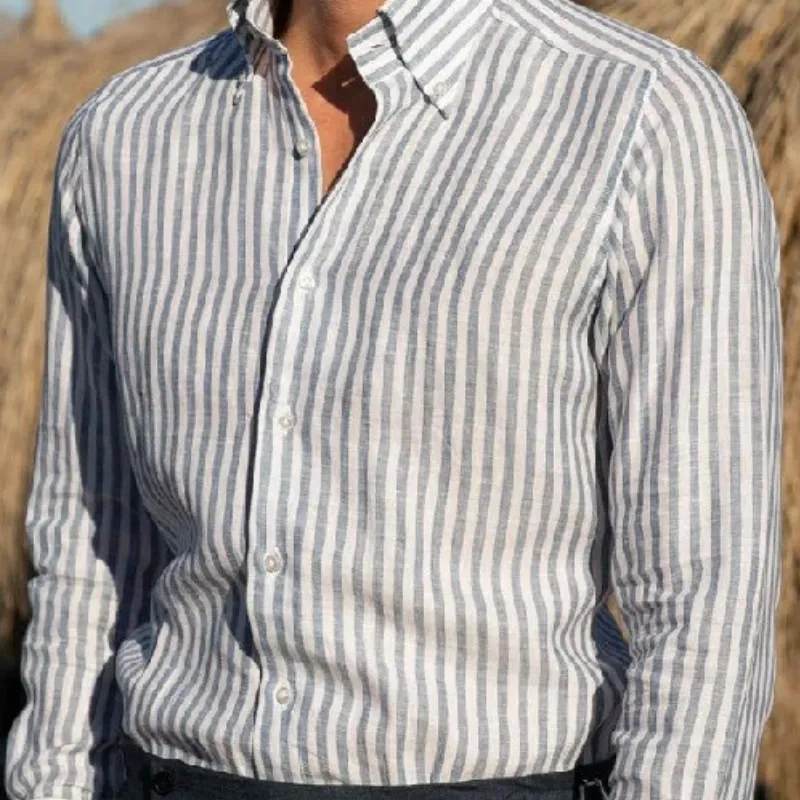 Men's Casual Striped Cotton and Linen Lapel Long Sleeve Shirt 09800587F sold by Manly product image thumbnail 3