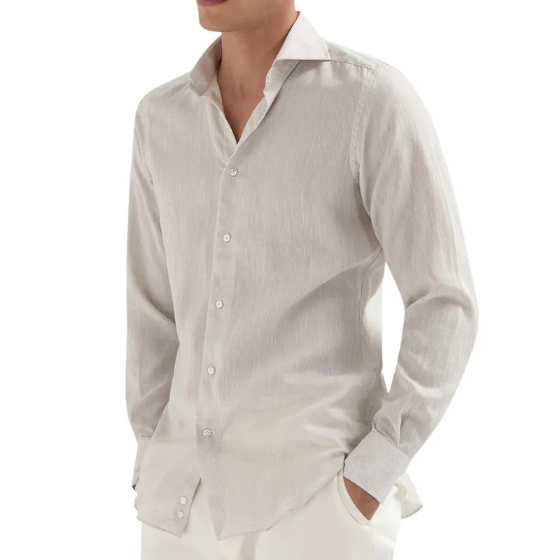 Men's Casual Fashion Lapel Cotton and Linen Blended Long Sleeve Shirt 08120052F sold by Manly