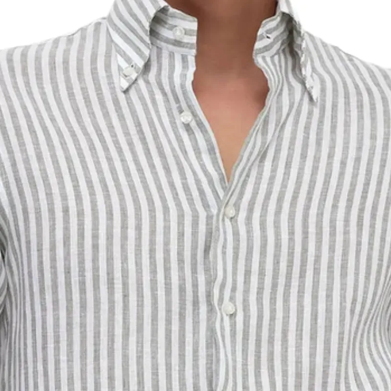 Men's Casual Lapel Cotton and Linen Blended Striped Long Sleeve Shirt 10061648F sold by Manly product image thumbnail 3